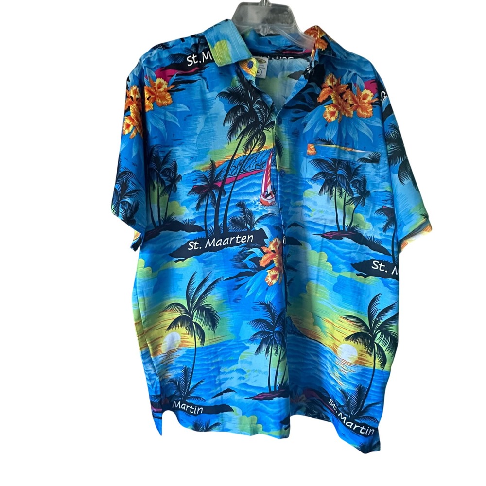 Rima Mens Large Blue Tropical St‎ Maarten Hawaiian Shirt Short Sleeve Button Up